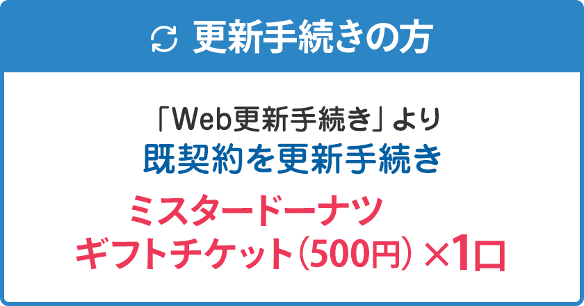 更新手続きの方：「Web更新手続き」より既契約を更新手続きでミスタードーナツギフトチケット（500円）×1口